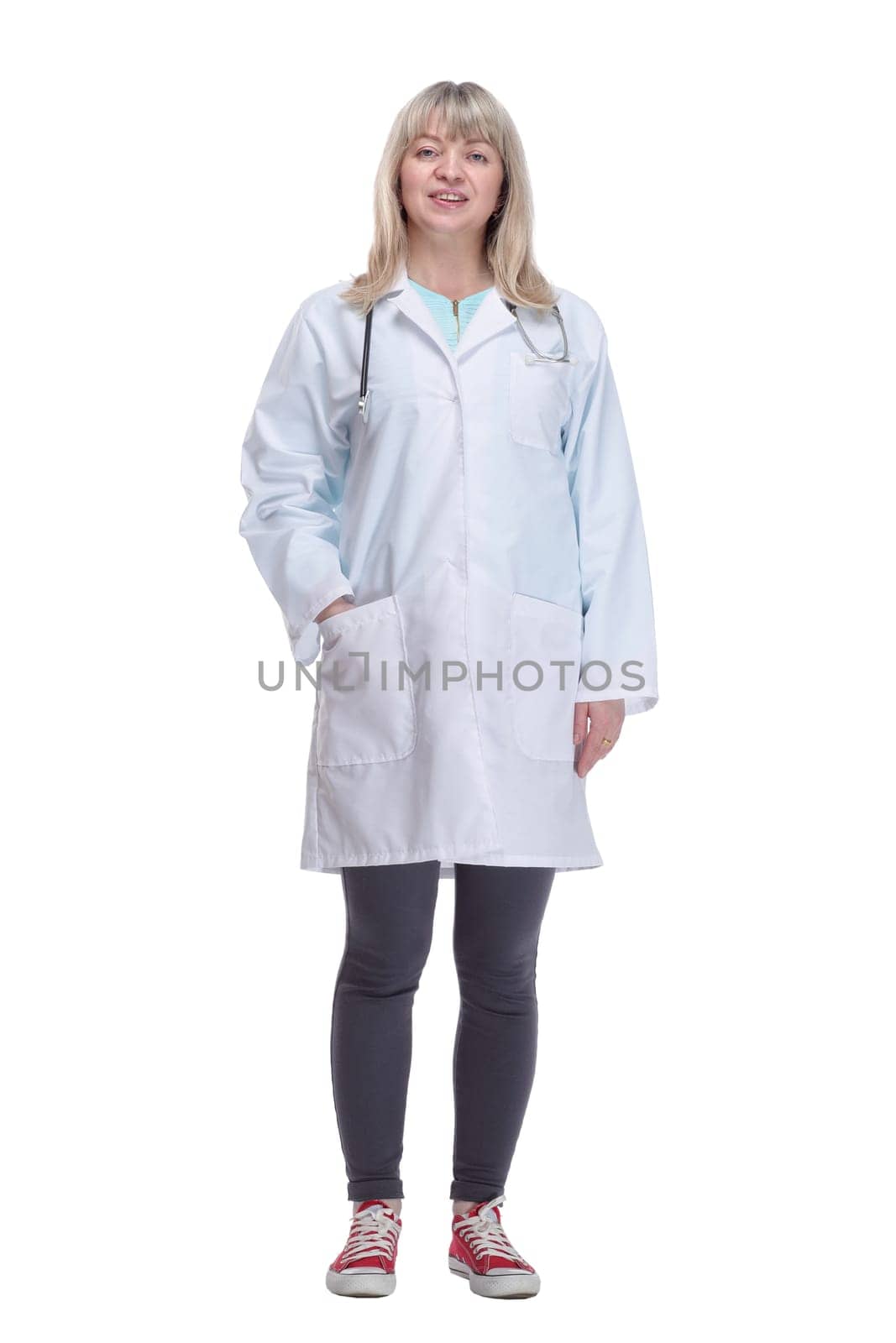 in full growth.female doctor in a white coat . isolated on a white background.