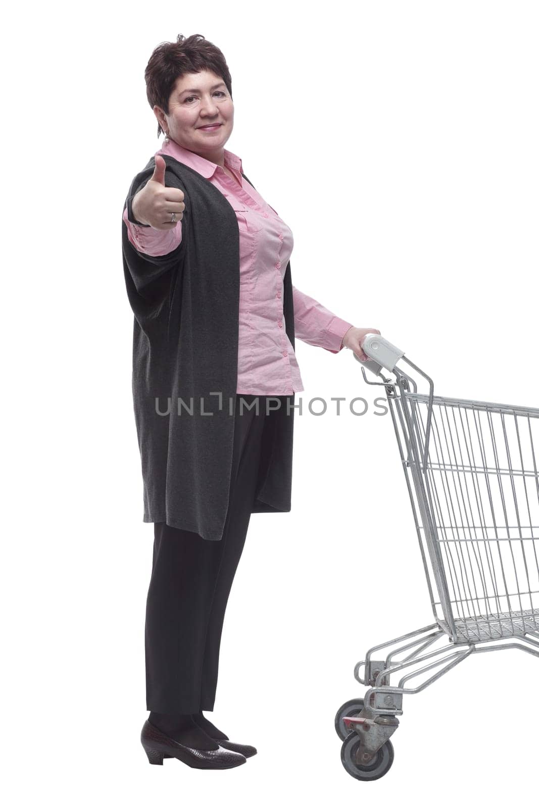side view. a female customer with an empty shopping cart by asdf