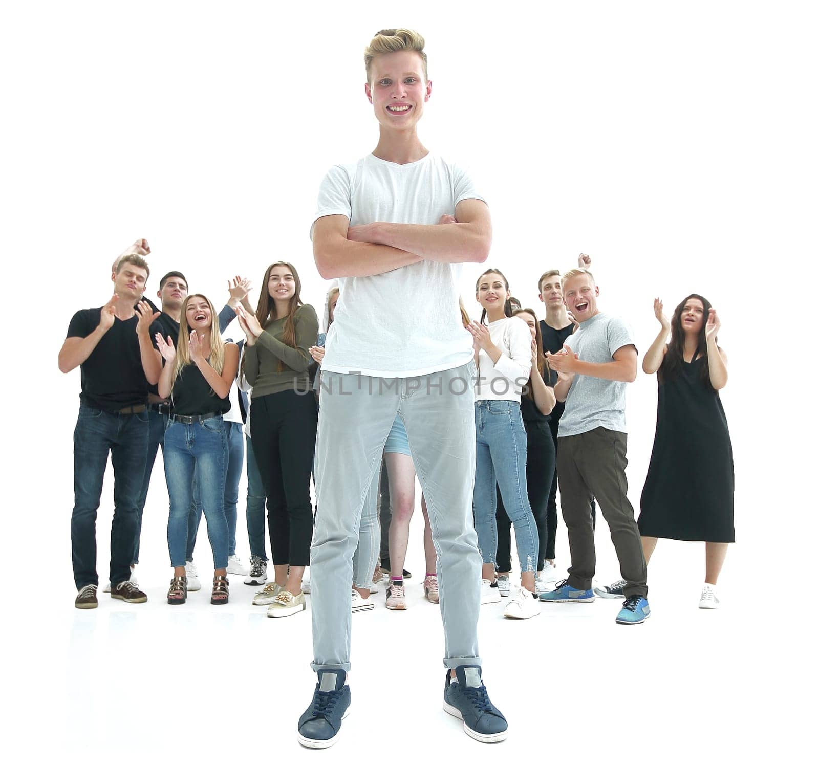 casual guy and a group of diverse young people standing in a spacious hall. by asdf