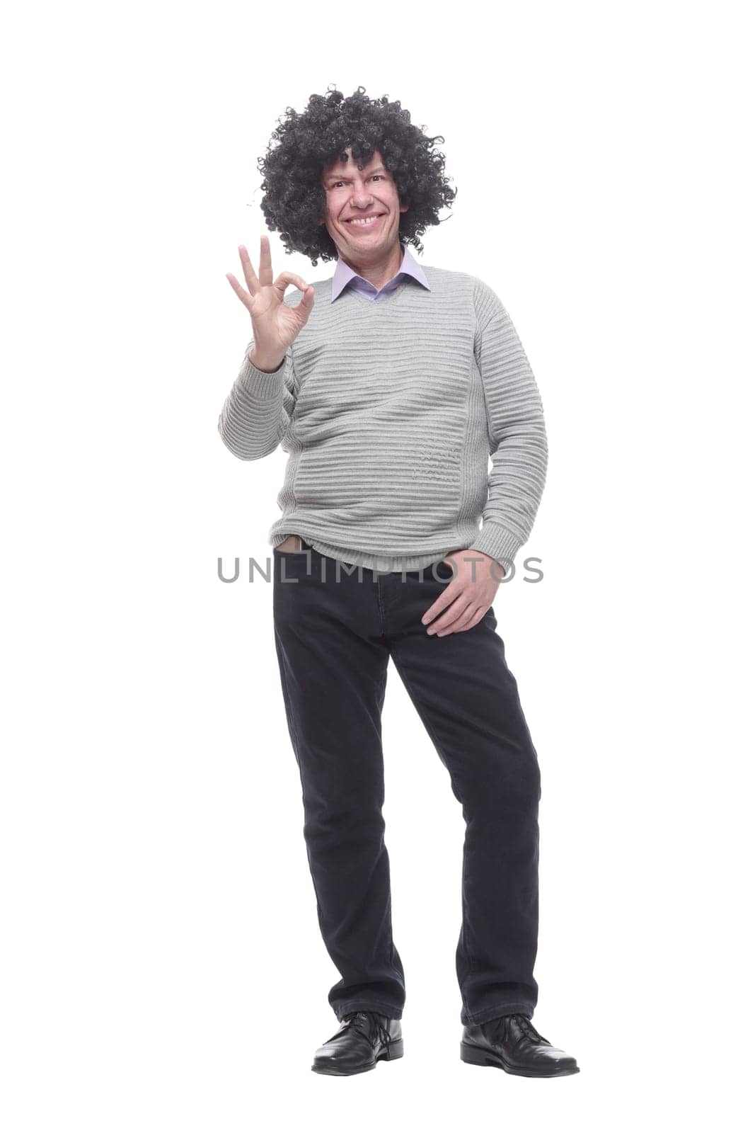 amusing a man in a wig. isolated on a white by asdf