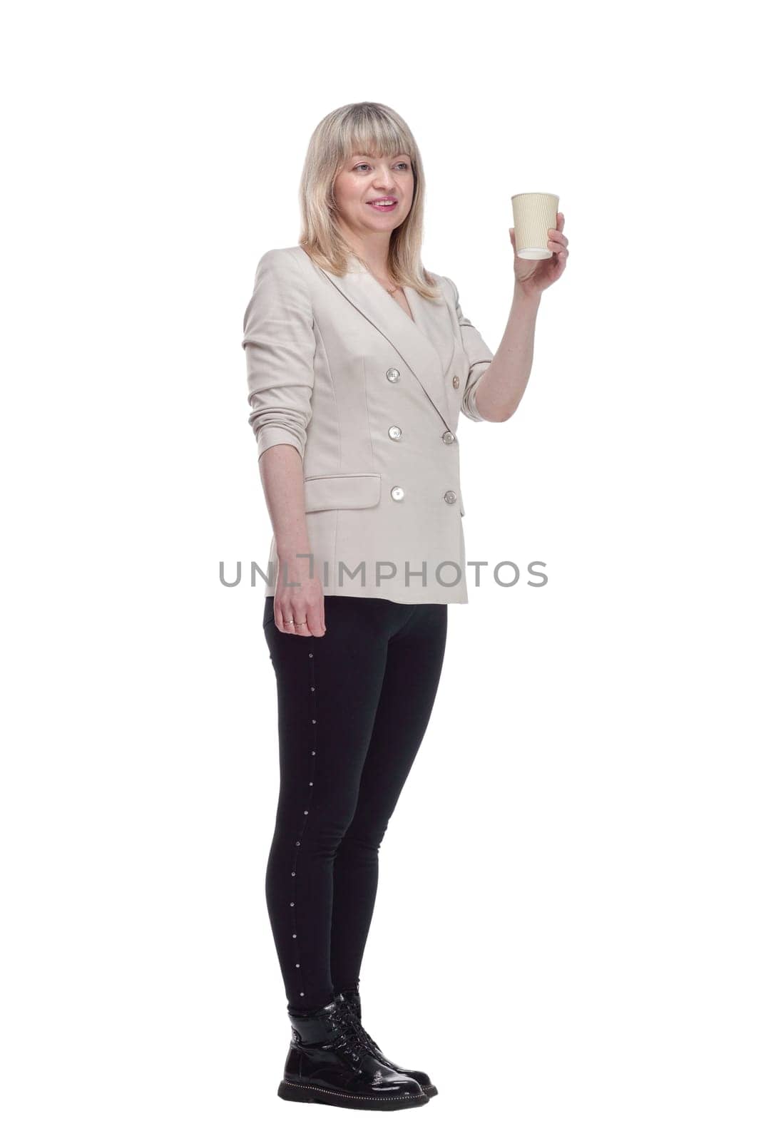 casual adult woman with takeaway coffee . isolated on a white background. by asdf