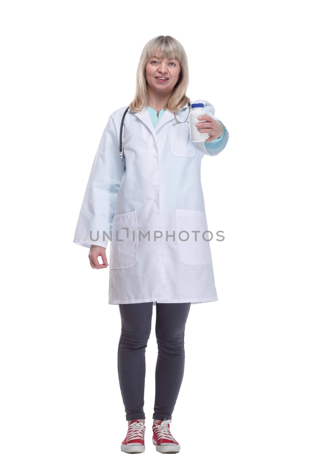 in full growth. smiling expert doctor with hand antiseptic. isolated on a white background.