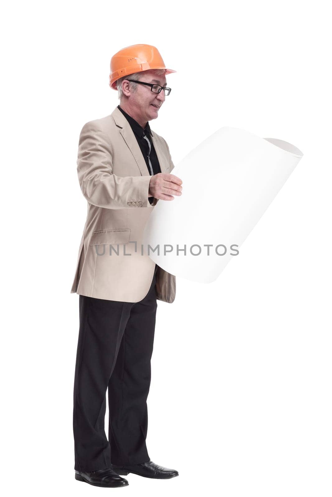 in full growth. male architect with drawings. isolated on a white background.