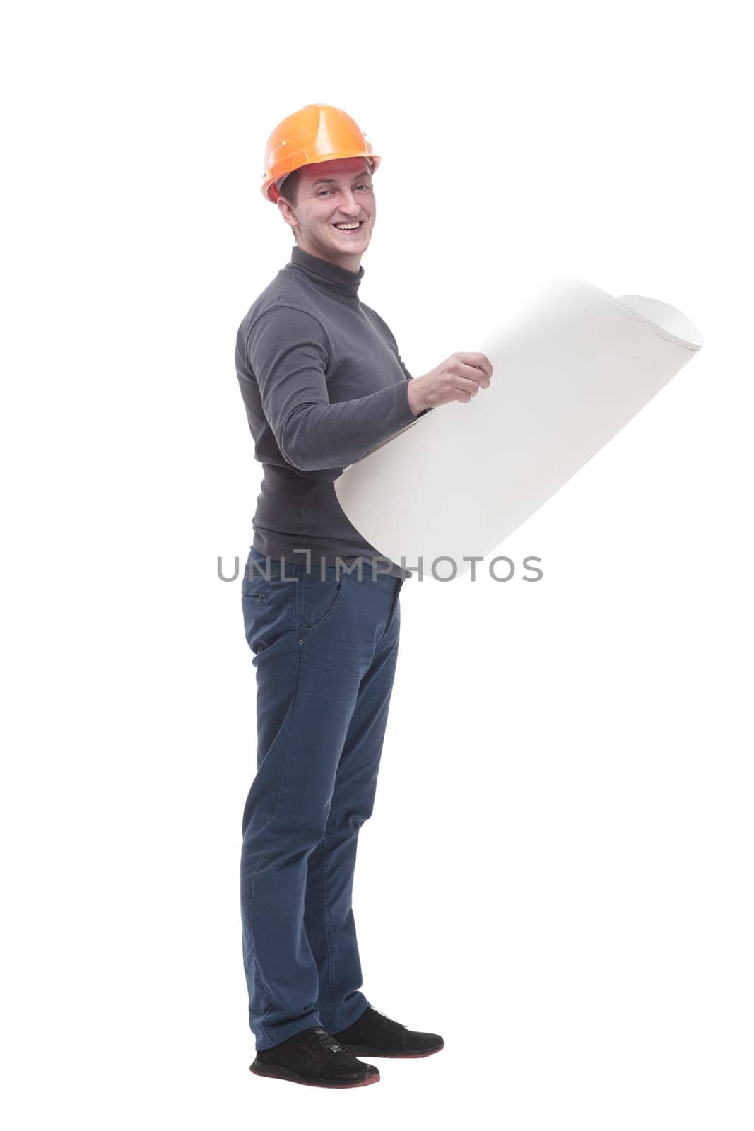 in full growth. confident male architect with drawings. isolated on a white background.