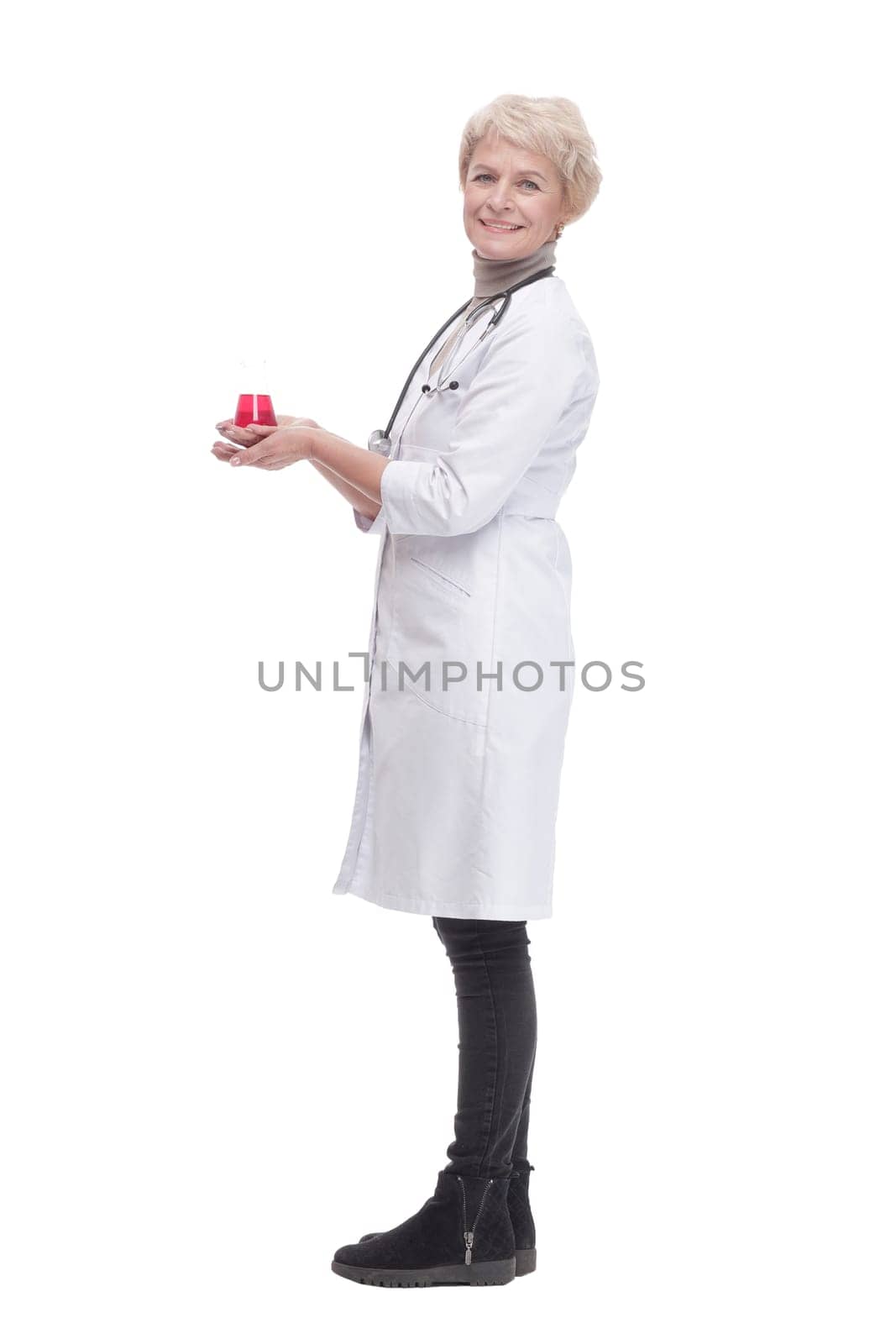 in full growth. female doctor with a laboratory flask . by asdf