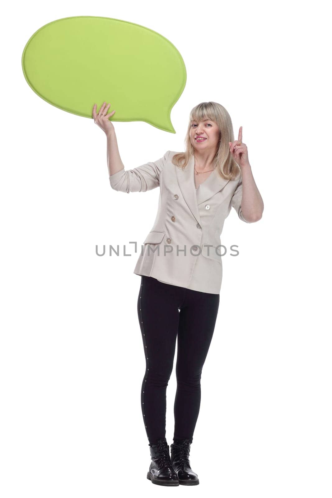 in full growth.female customer with a speech bubble . isolated on a white background.