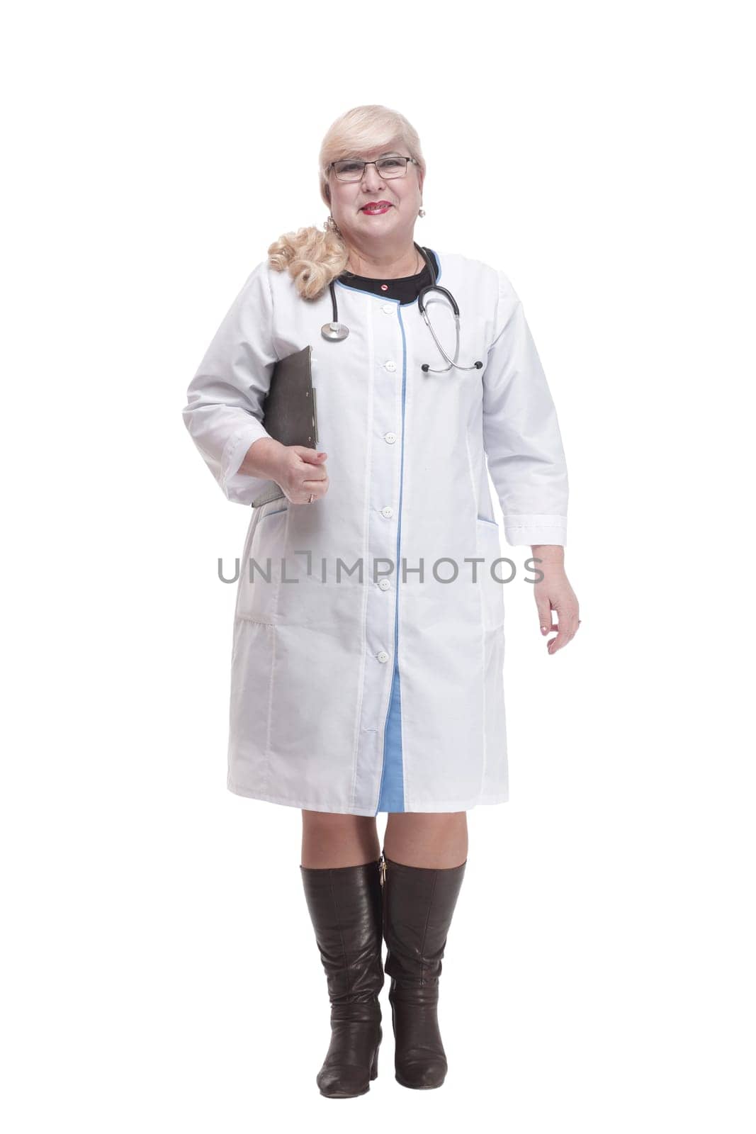 in full growth. attending physician with clipboard. isolated on a white background.