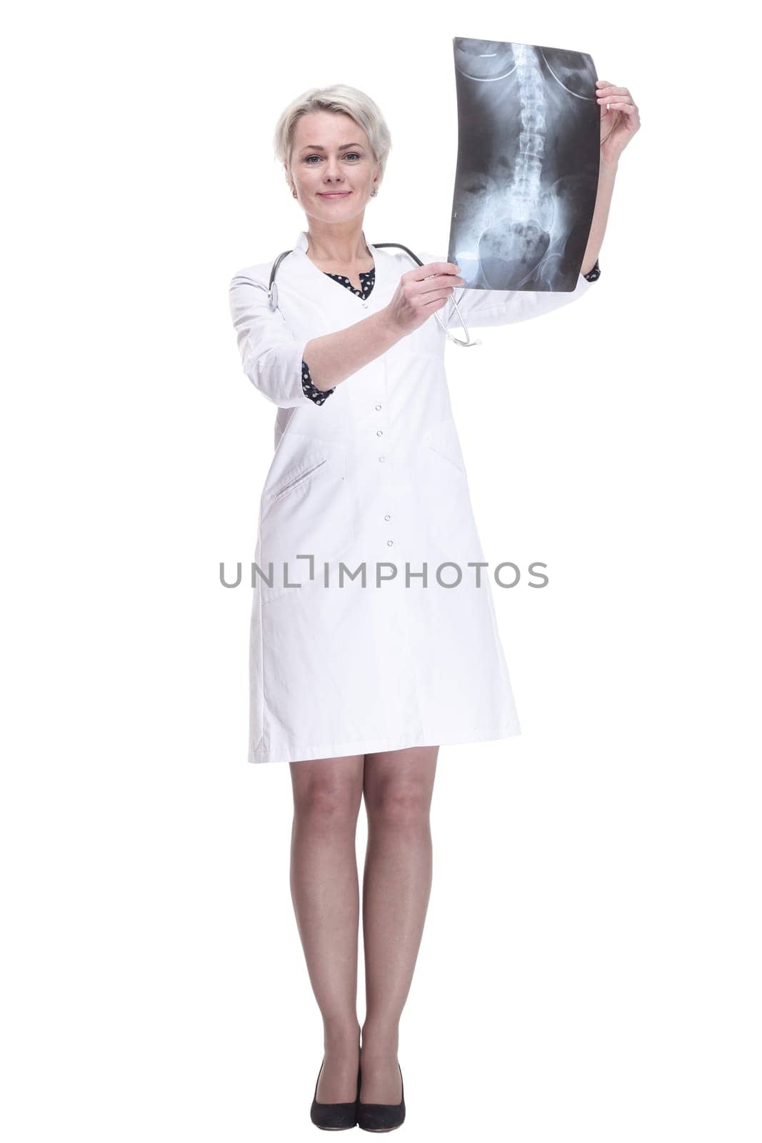 in full growth. female physician with x-ray of the lungs . isolated on a white background.