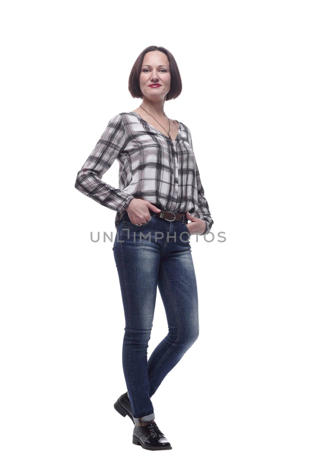 attractive woman in jeans and a checked shirt . by asdf