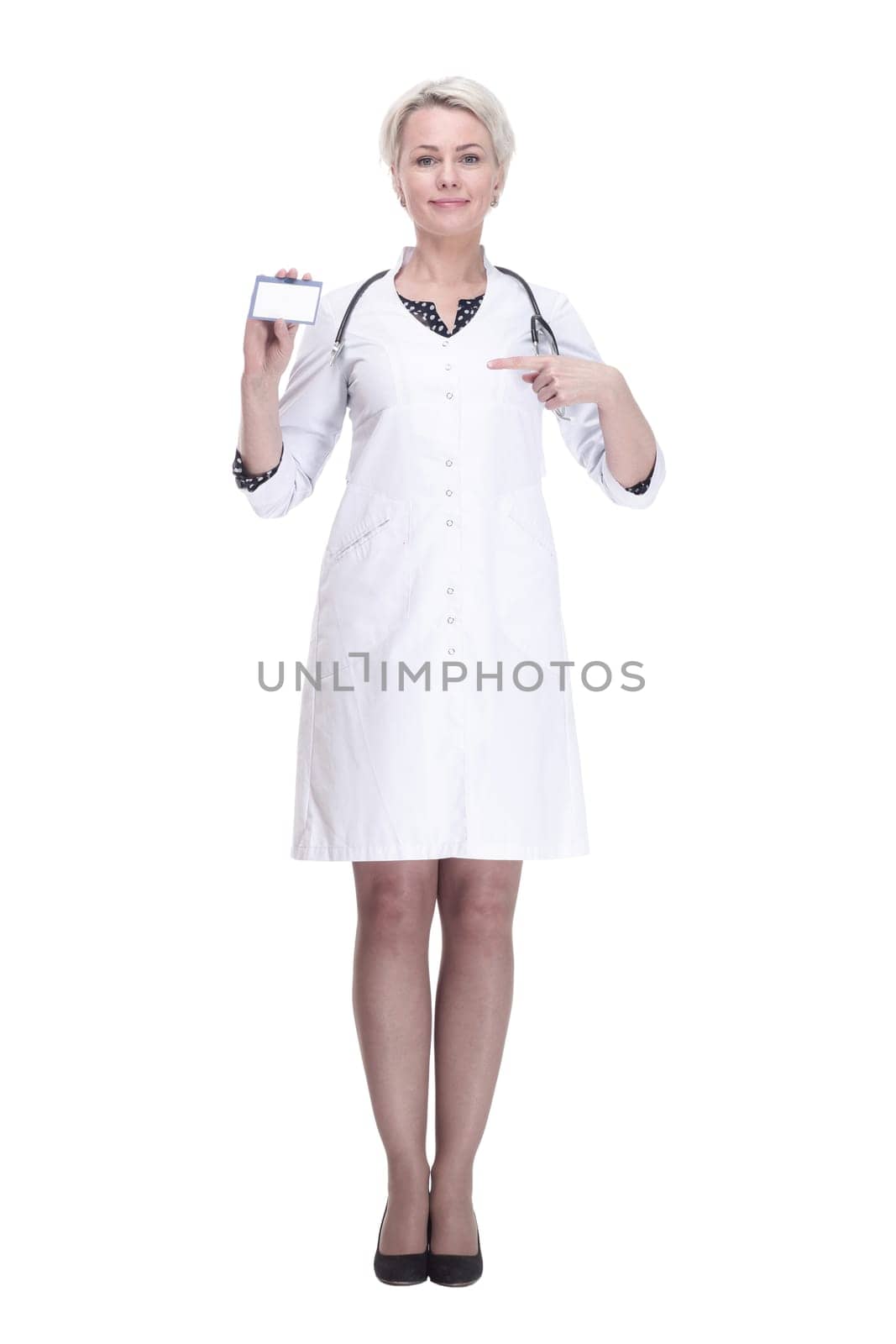 medical specialist showing her visiting card . isolated on a white background. by asdf