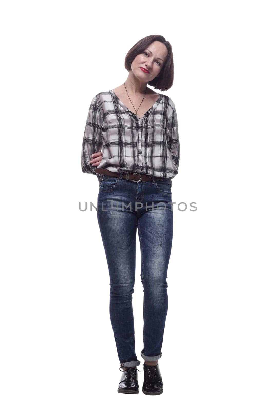 in full growth. attractive mature woman in jeans showing thumbs up . isolated on a white background.