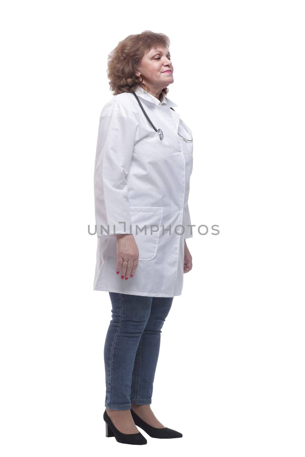 in full growth. qualified female doctor with a stethoscope. isolated on a white background