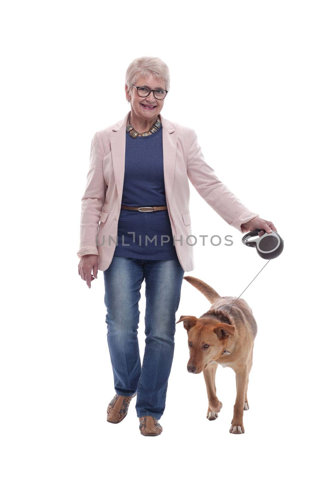 side view . senior lady and her dog walking together. isolated on a white background