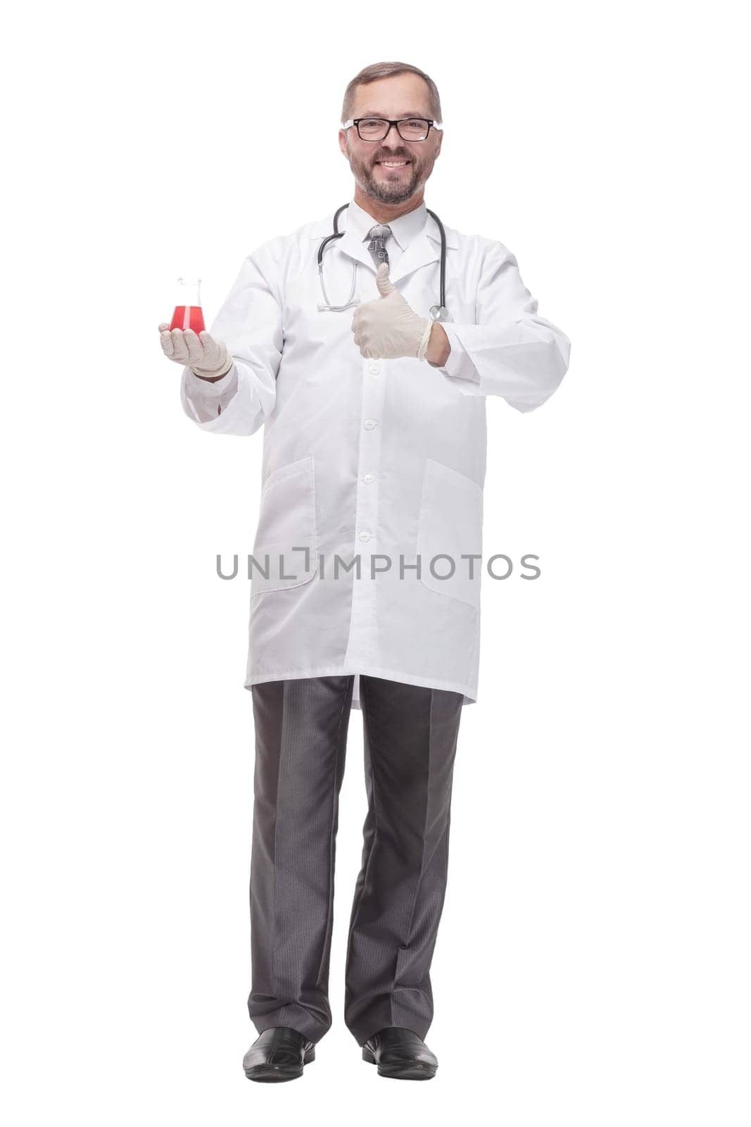 smiling doctor with a laboratory flask in his hands . by asdf