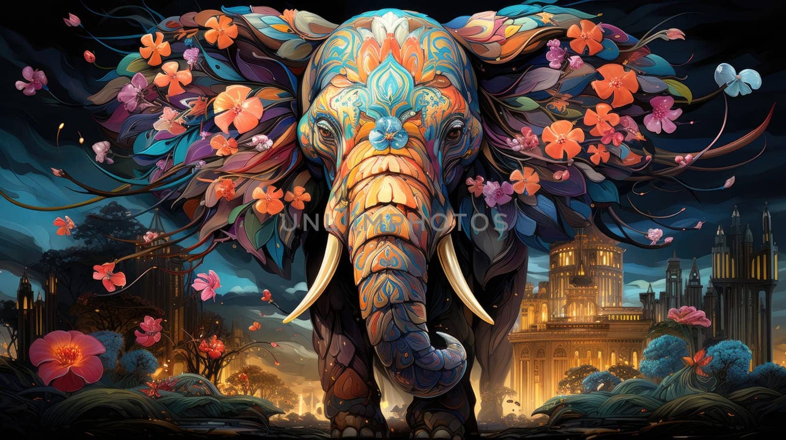 Indian elephant in floral pattern. Abstract art print. by palinchak