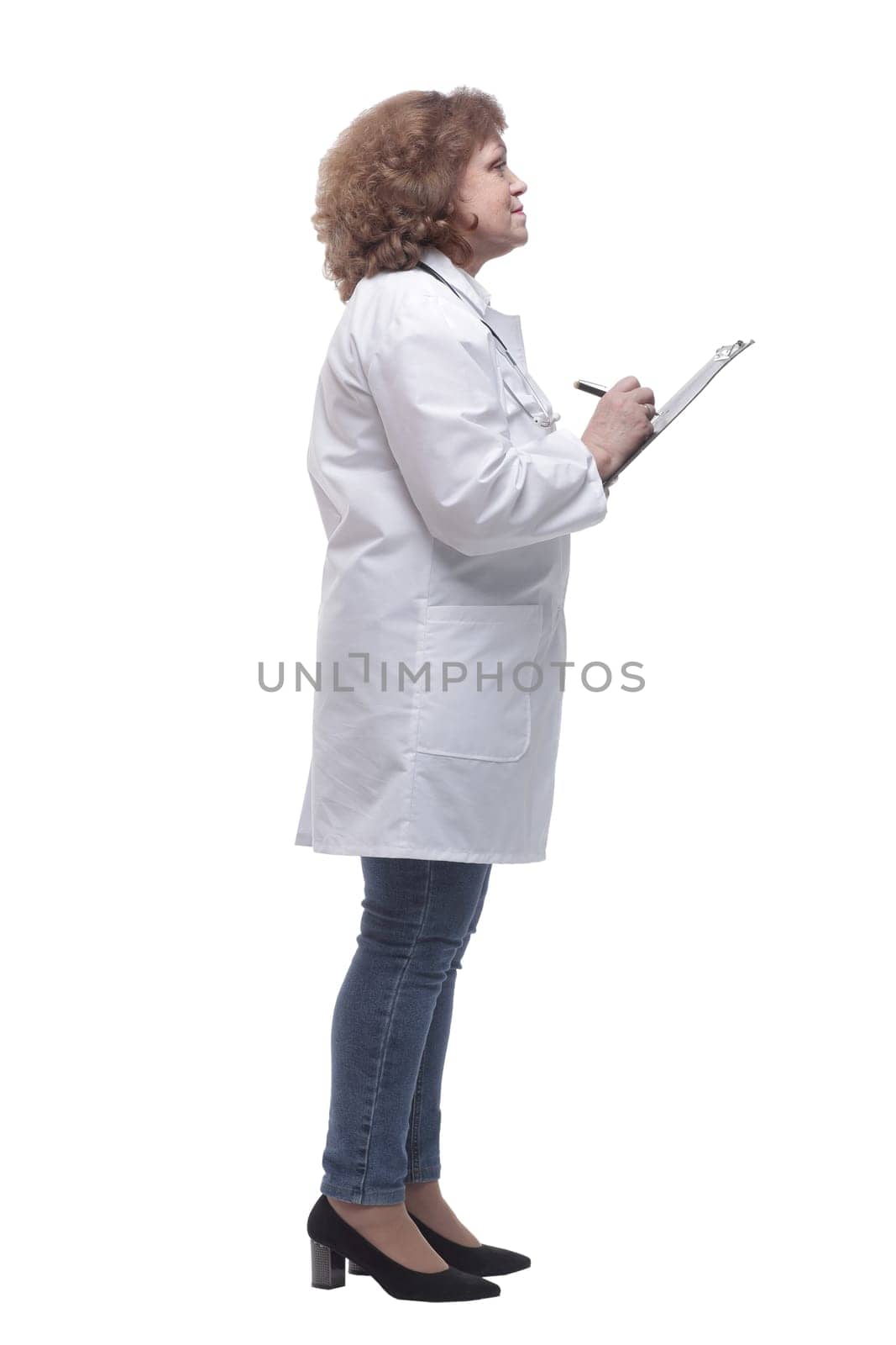 in full growth. therapist is making notes in the clipboard. isolated on a white background