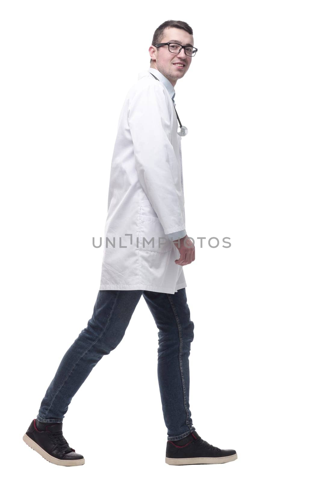 doctor in a white coat striding forward. by asdf