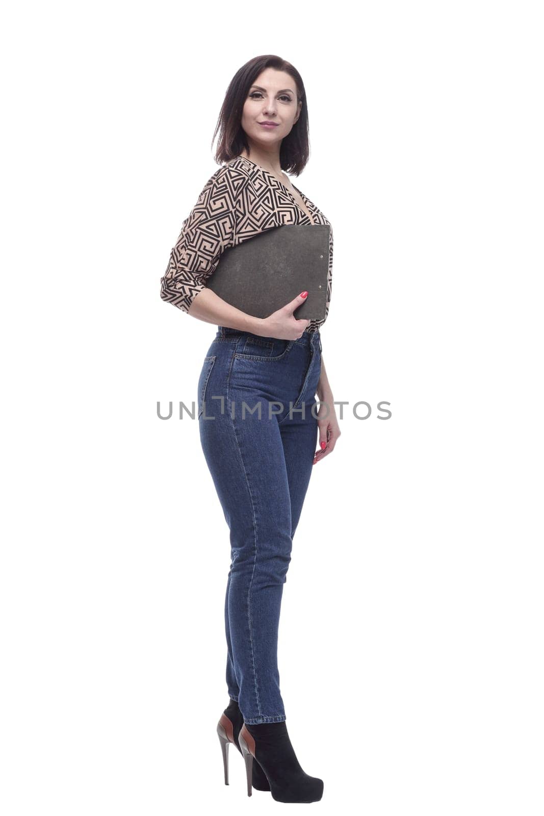 in full growth. Executive young woman with clipboard. isolated on a white background.