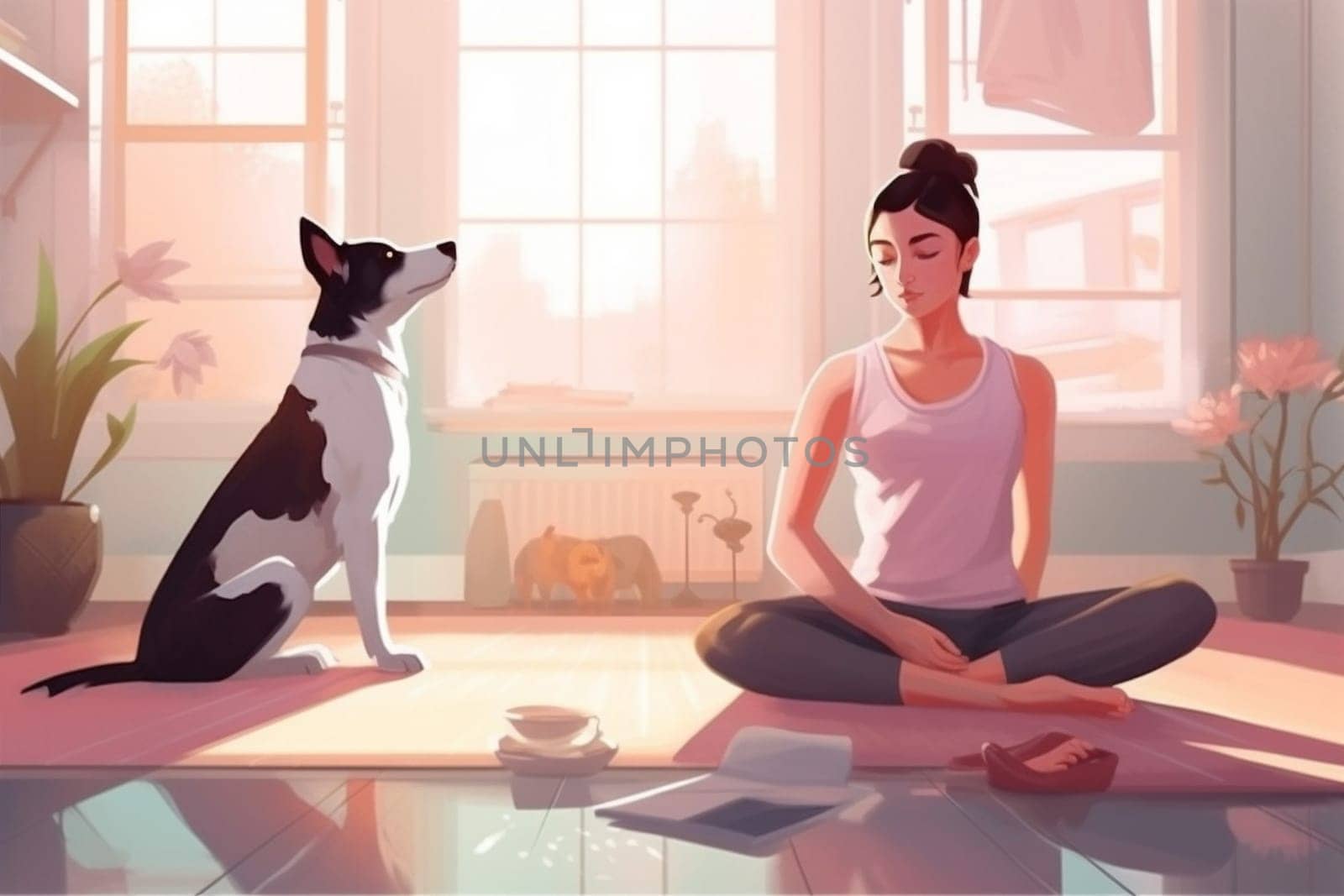 woman dog exercise illustration relax health indoor exercising happy home character position body training fitness lifestyle cat meditation sport yoga cartoon. Generative AI.