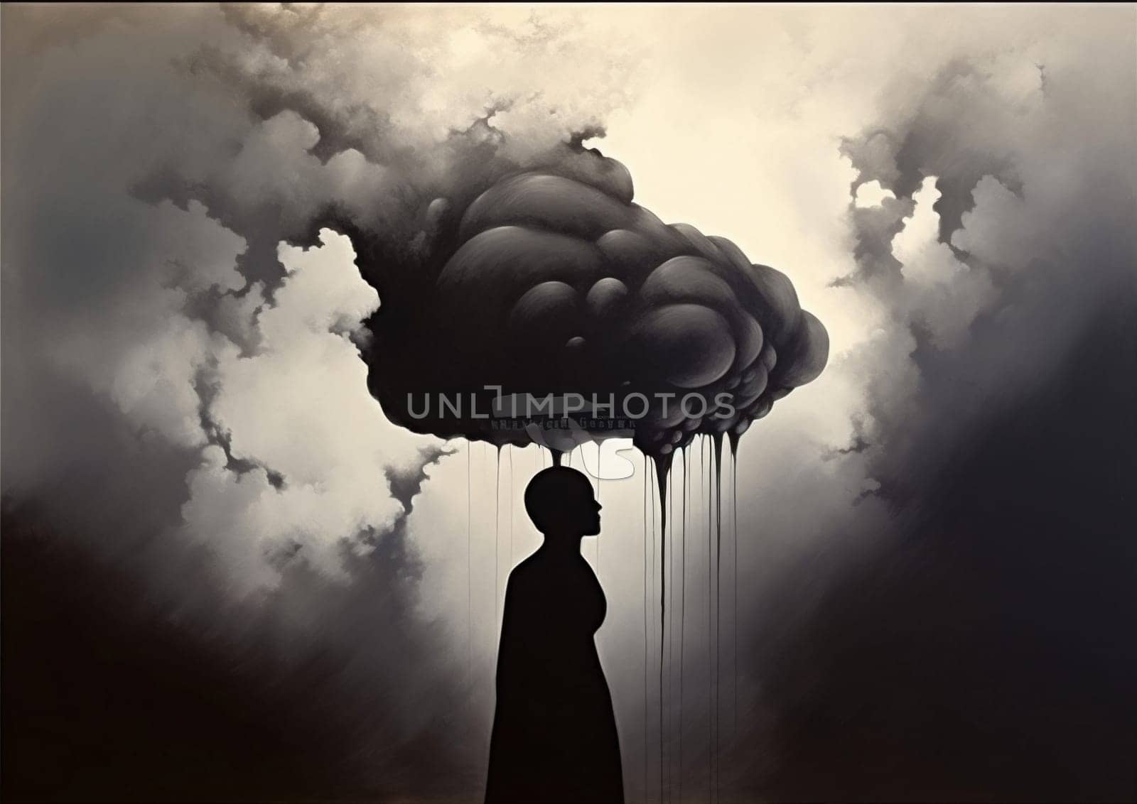 woman man concept poster dramatic idea human imagination drawing black cloud folded young head expression galaxy creative abstract dream arms portrait person. Generative AI.