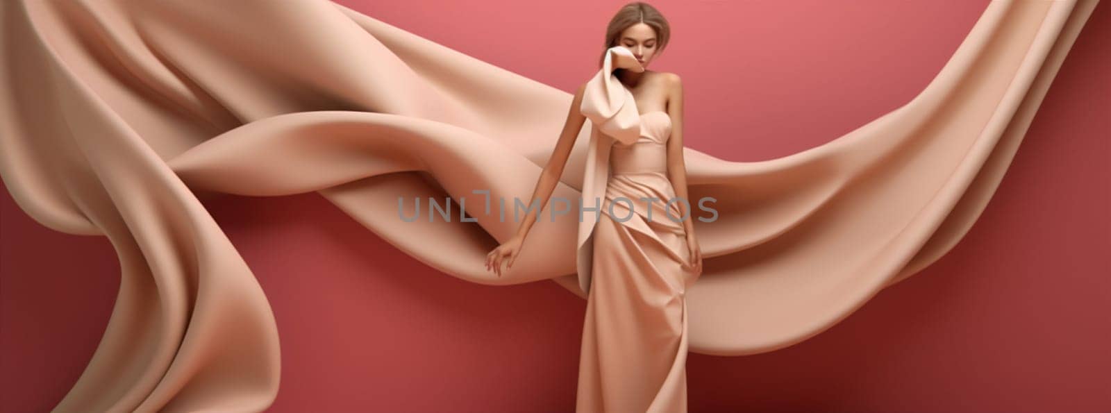 art woman wind elegance girl young dynamic pink glamour beauty background clothes model white creative beige elegant flowing fashion fabric flying dress. Generative AI.