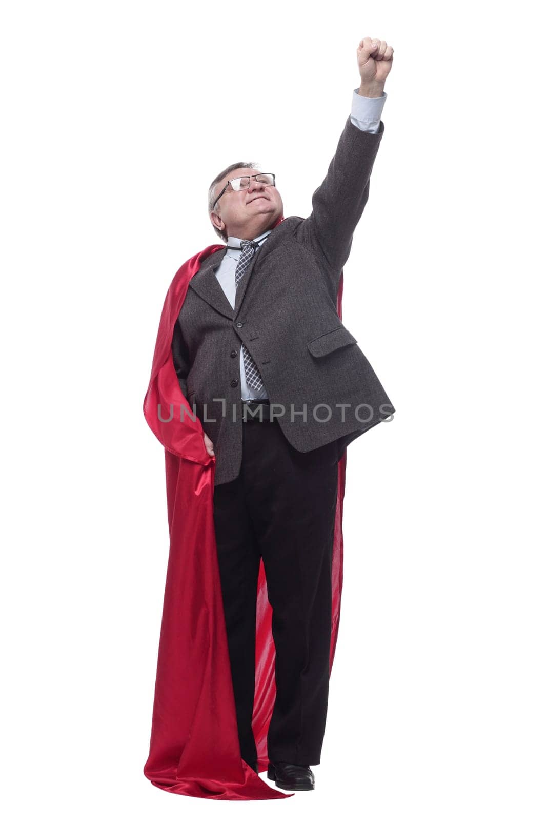 in full growth. business man in a superhero raincoat. isolated on a white background.