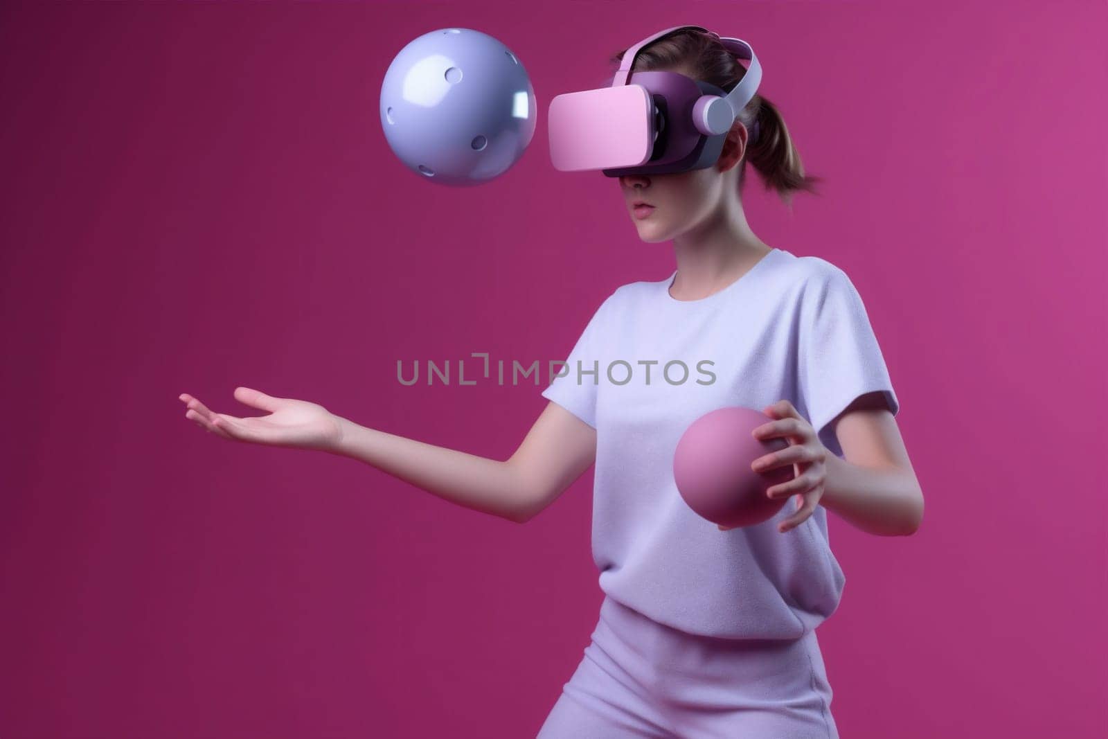 woman vr game sport neon reality innovation virtual glasses three-dimensional digital. Generative AI. by Vichizh