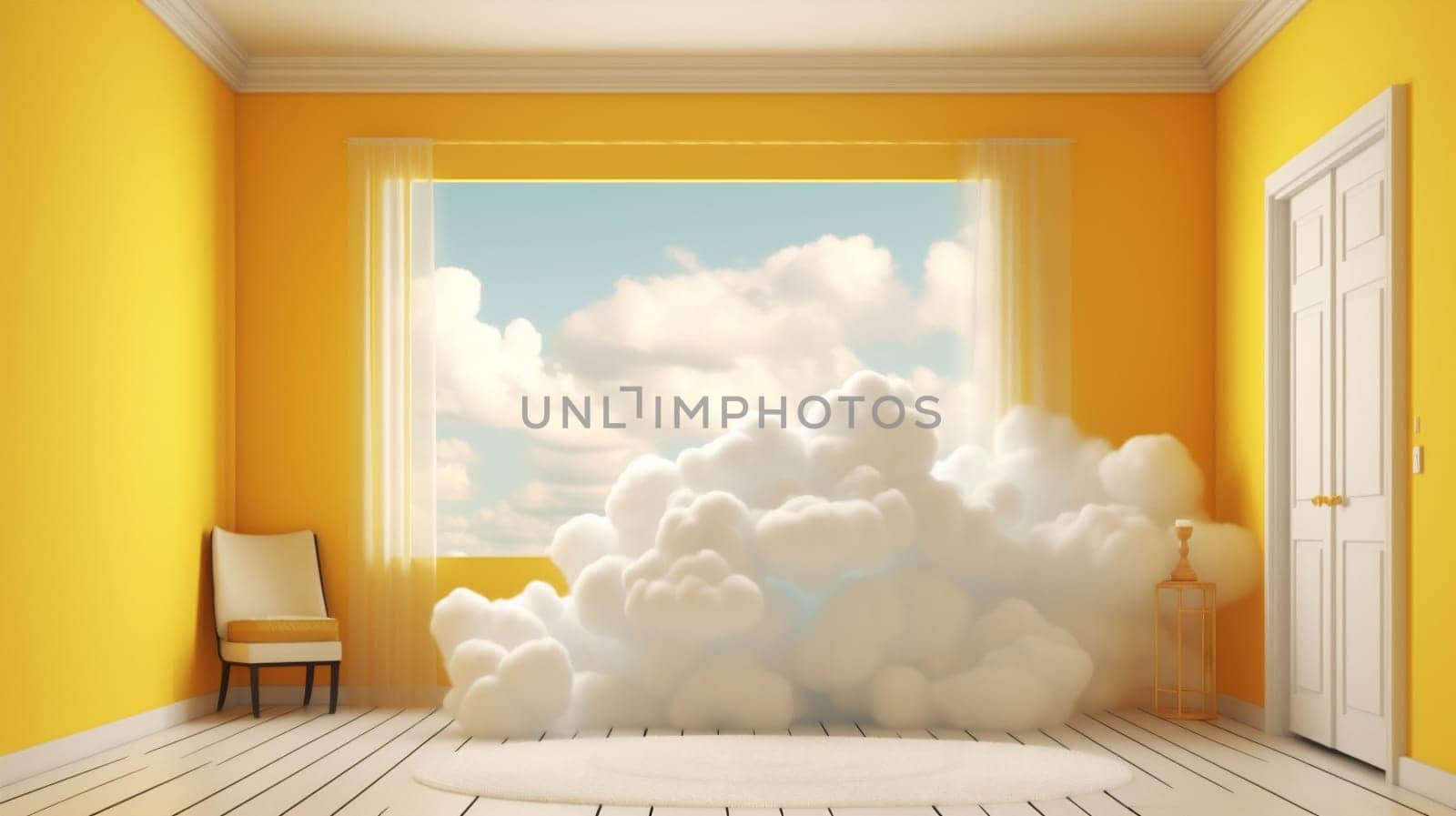 mockup cloud 3d minimal heaven white sky door weather room isolated showcase stage wall yellow pedestal abstract space blank cylinder. Generative AI.