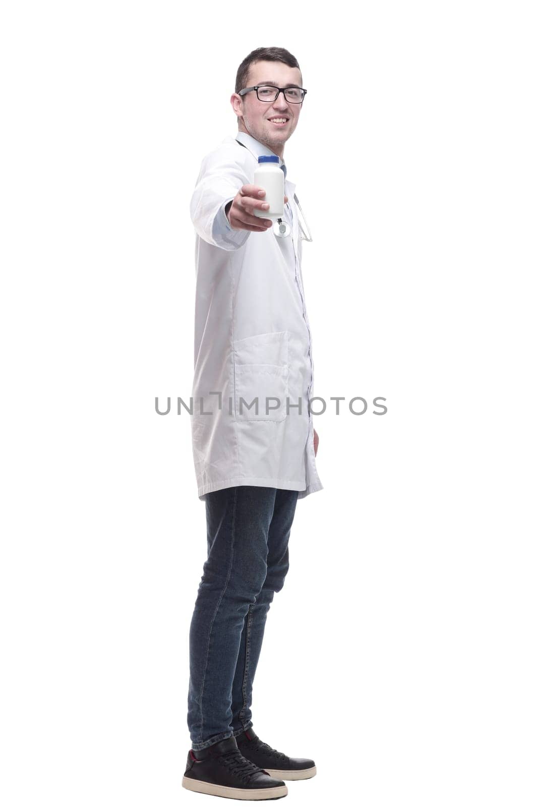 doctor with antiseptic in hand. isolated on a white by asdf