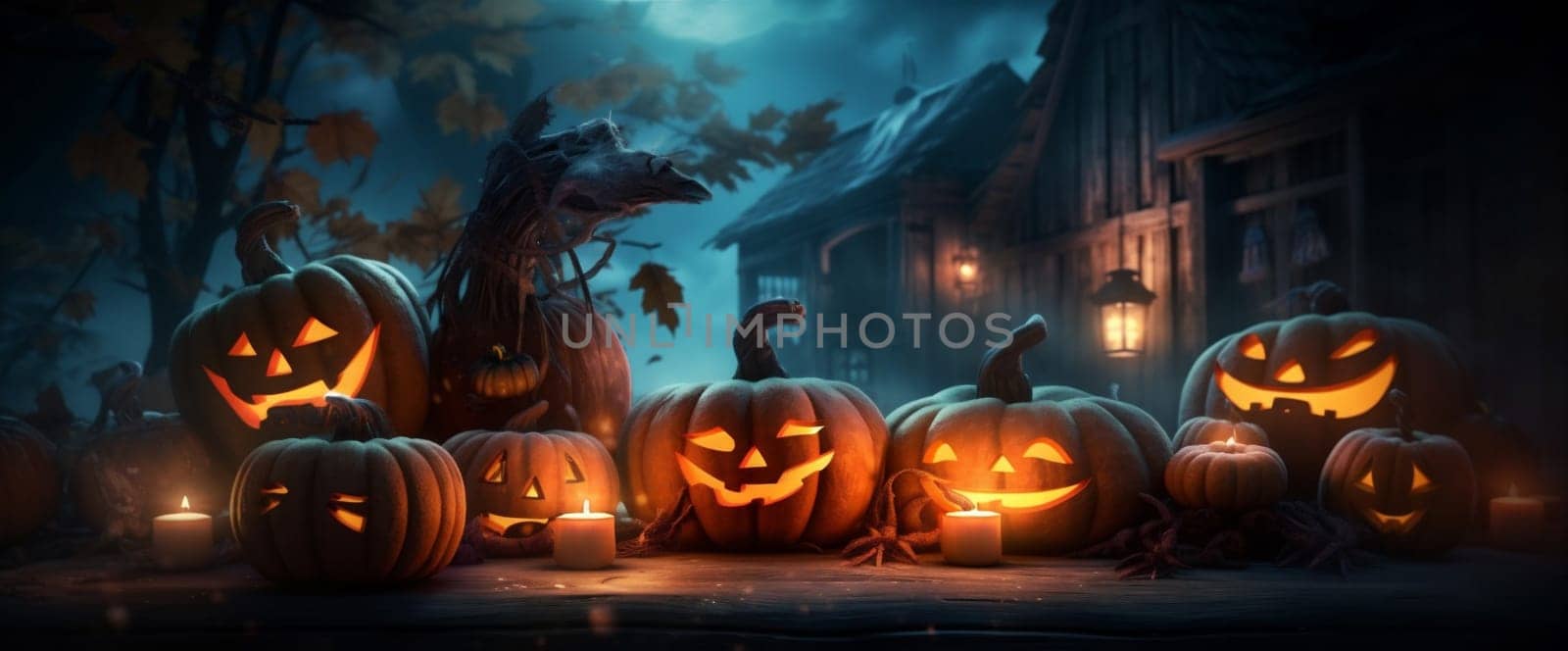 mystery blue night evil background halloween cemetery pumpkin table fear horror. Generative AI. by Vichizh