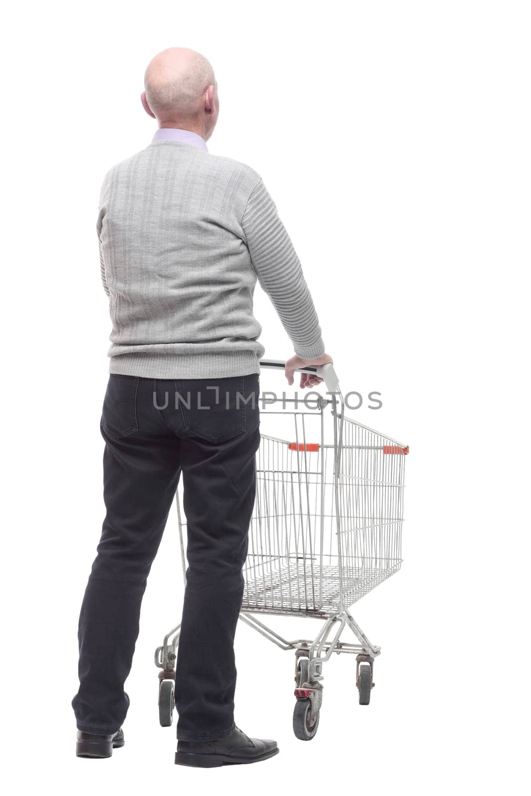 in full growth. a happy man with a shopping cart. by asdf