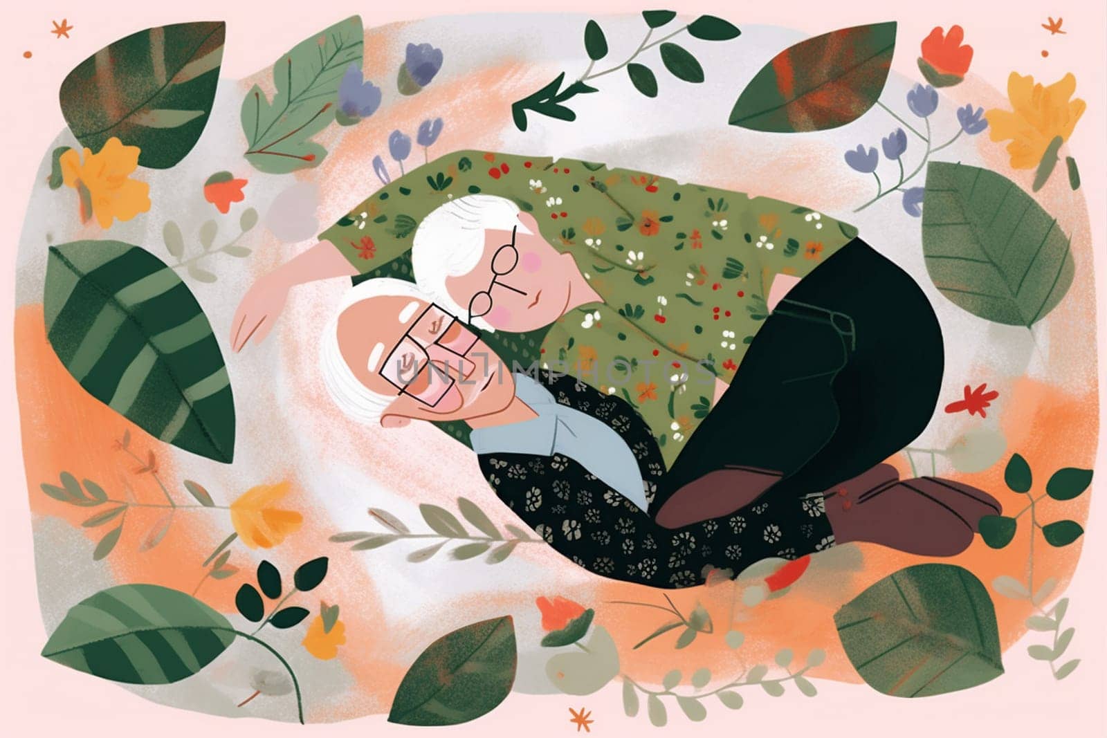 woman love man concept male couple book asleep happy together cartoon pillow bed old flowers character grandmother lying wife retired lifestyle romantic. Generative AI.