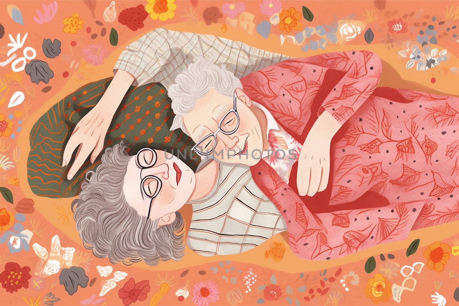 woman man romantic cartoon wife sleep old happiness sleeping aged illustration grandfather retired married love husband happy couple bed lifestyle together asleep. Generative AI.