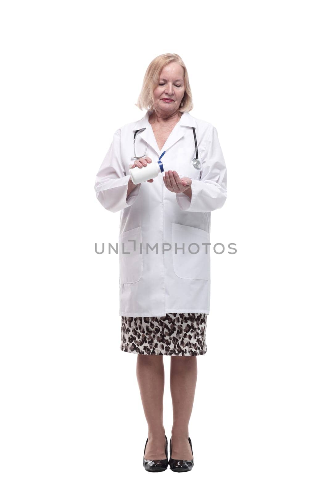 full-length. female doctor with sanitizer in hand. isolated on a white background.