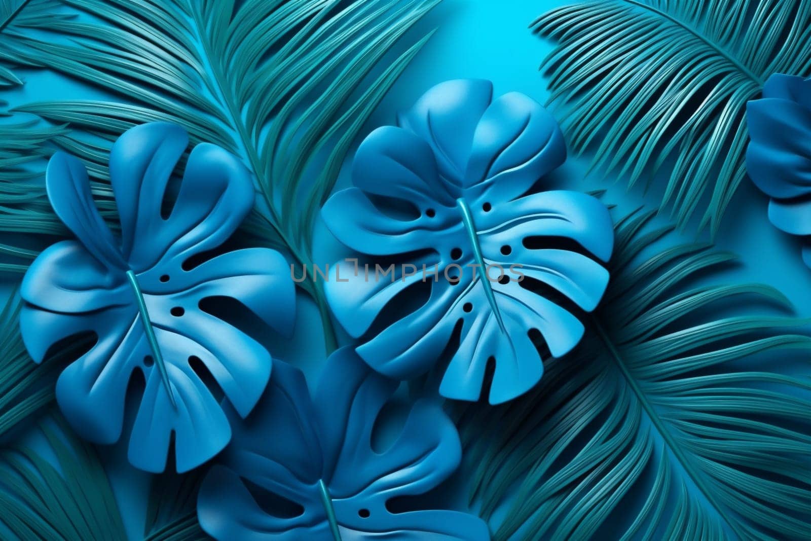 paper illustration background exotic abstract botanical white nature paradise summer design wallpaper graphic leaf tropical garden jungle blue tropic plant vacation. Generative AI.