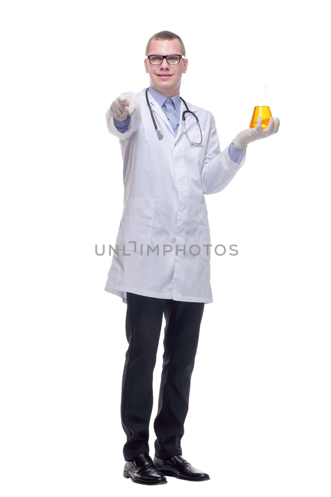 Confident man doctor wearing unifrom and glasses holding beakers by asdf