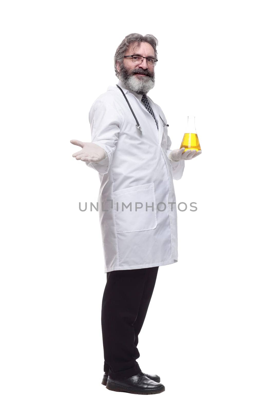 smiling doctor looking at the test results . isolated on a white by asdf