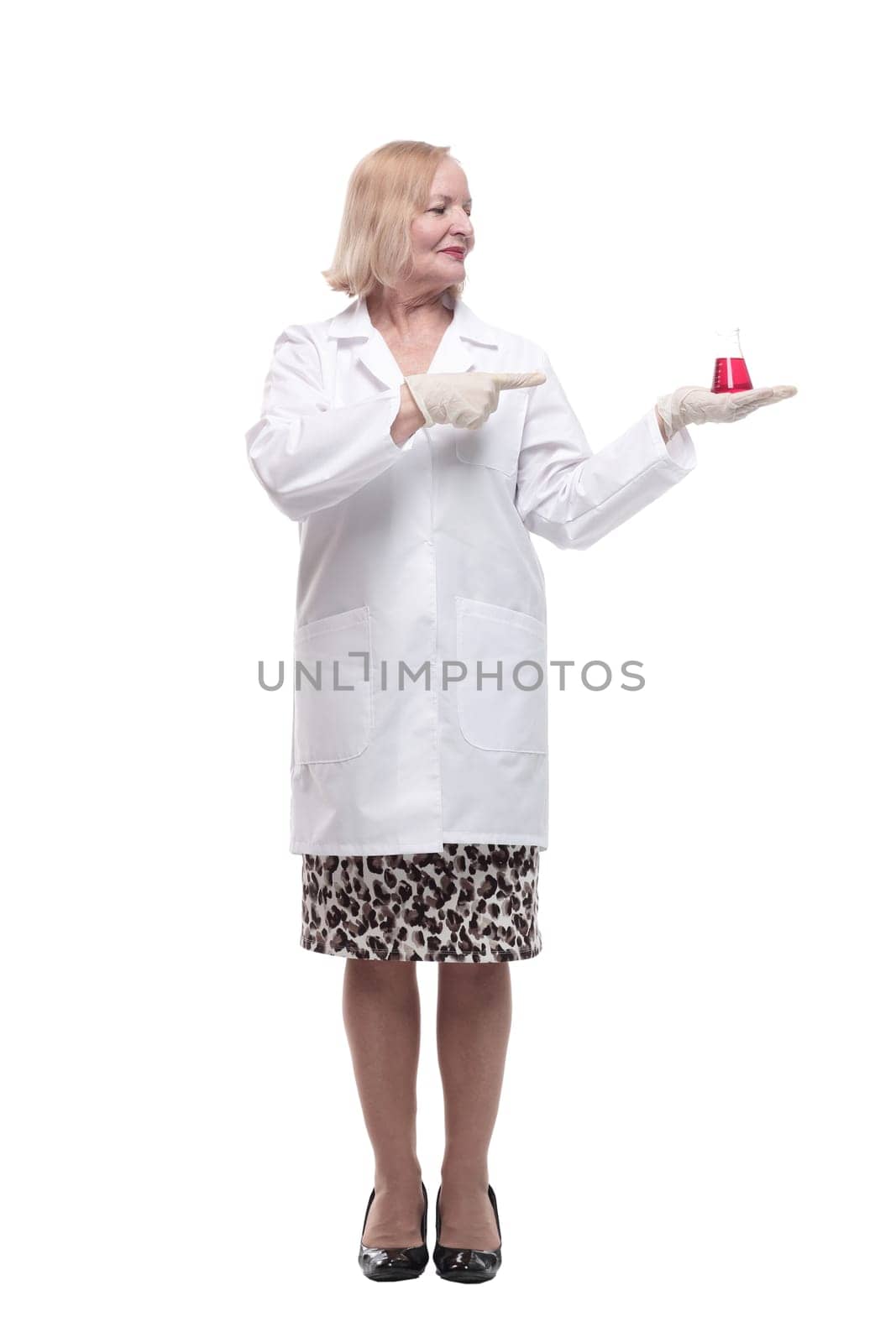 in full growth. smiling medical woman with a laboratory flask. by asdf