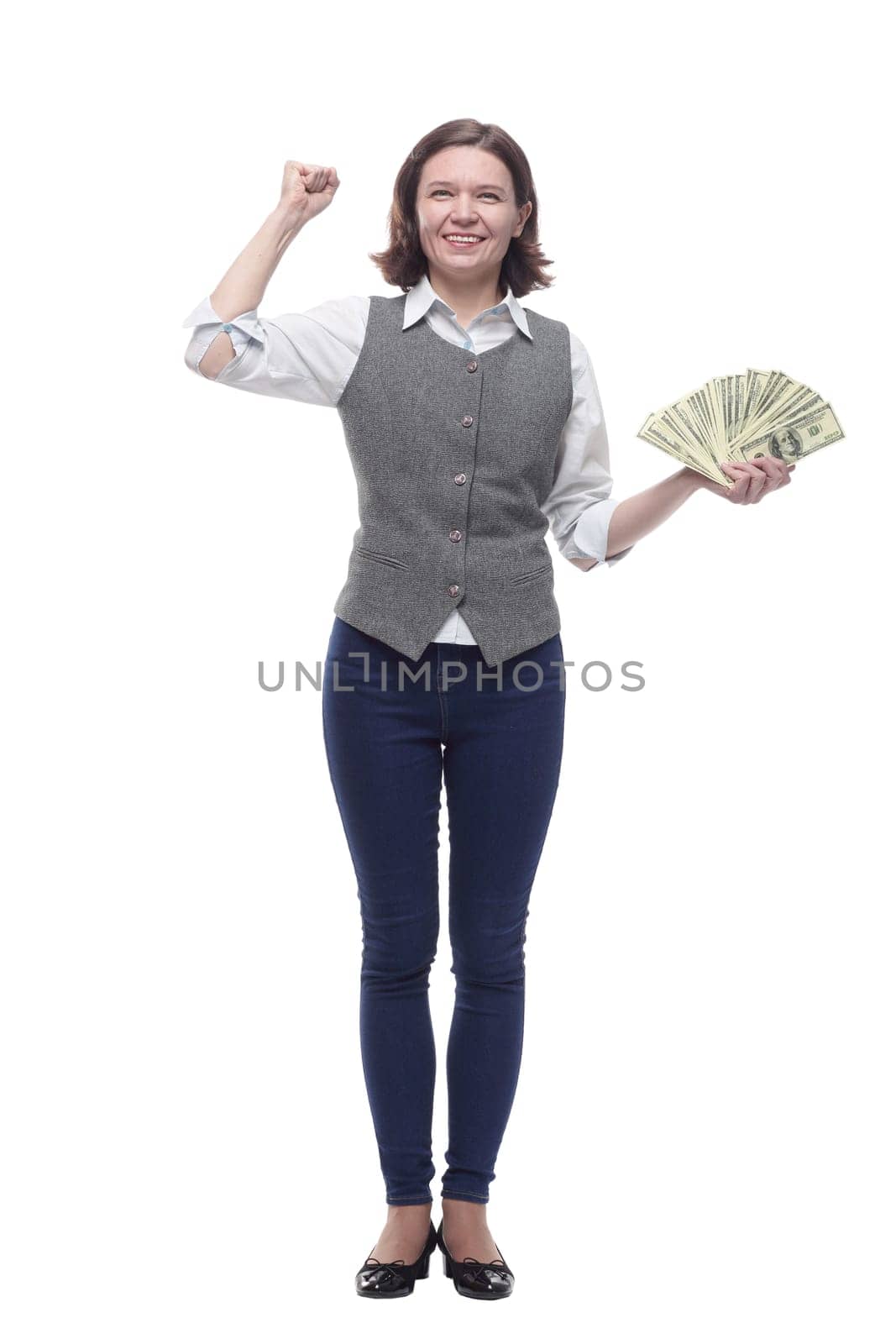 casual mature woman with a bundle of banknotes. by asdf