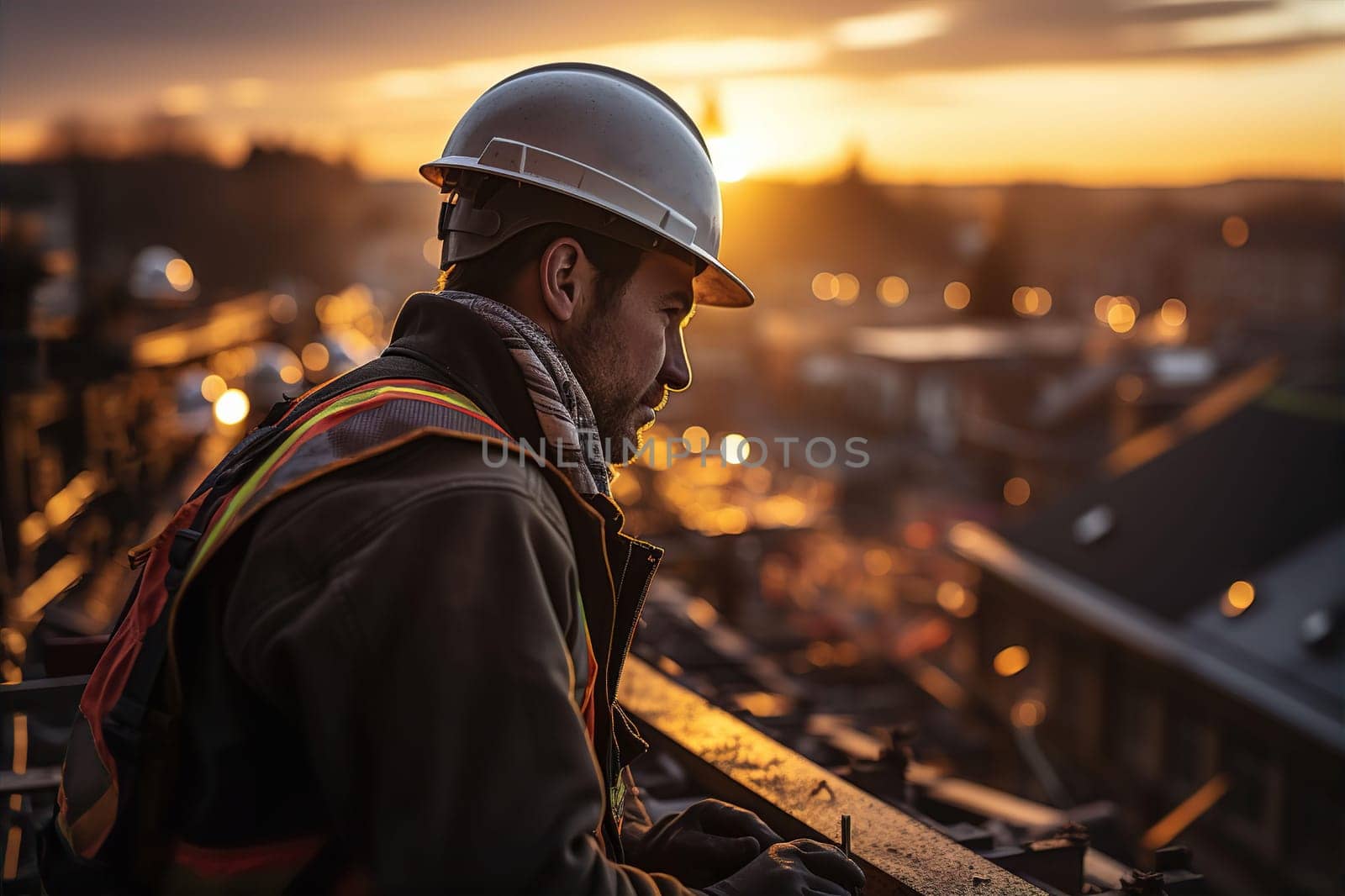 Portrait of factory worker in hard hat and uniform. Male professions concept. AI generated