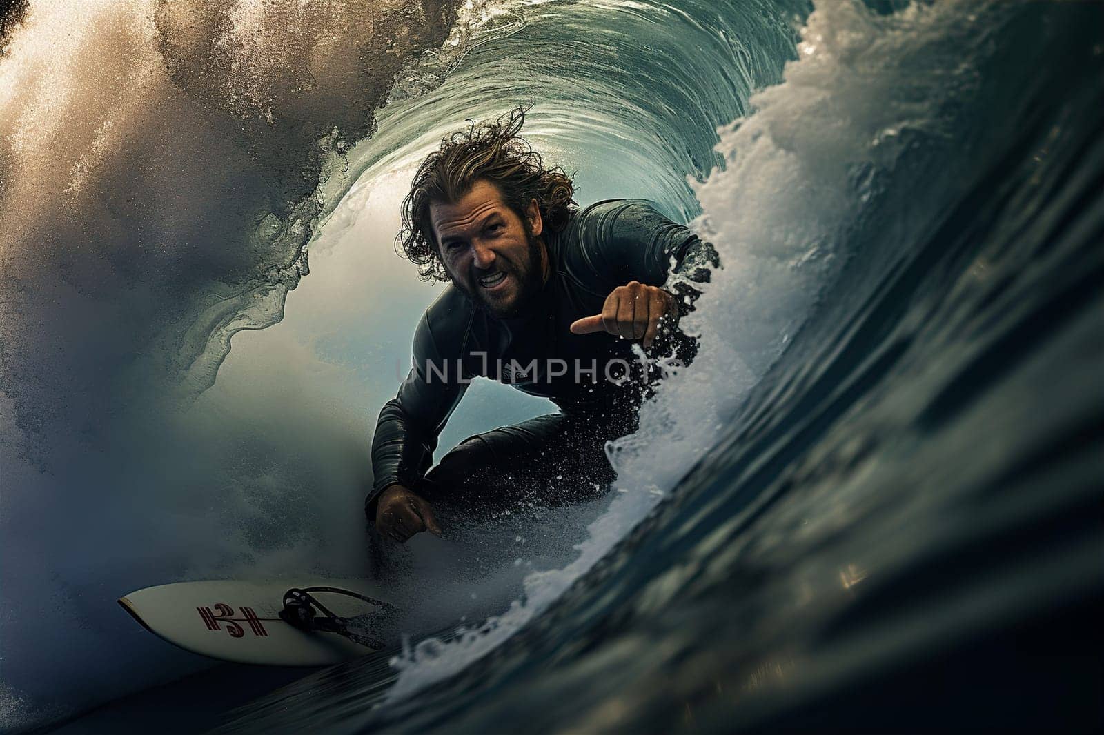 Male athlete riding inside big wave on surf. Surfing concept. AI generated