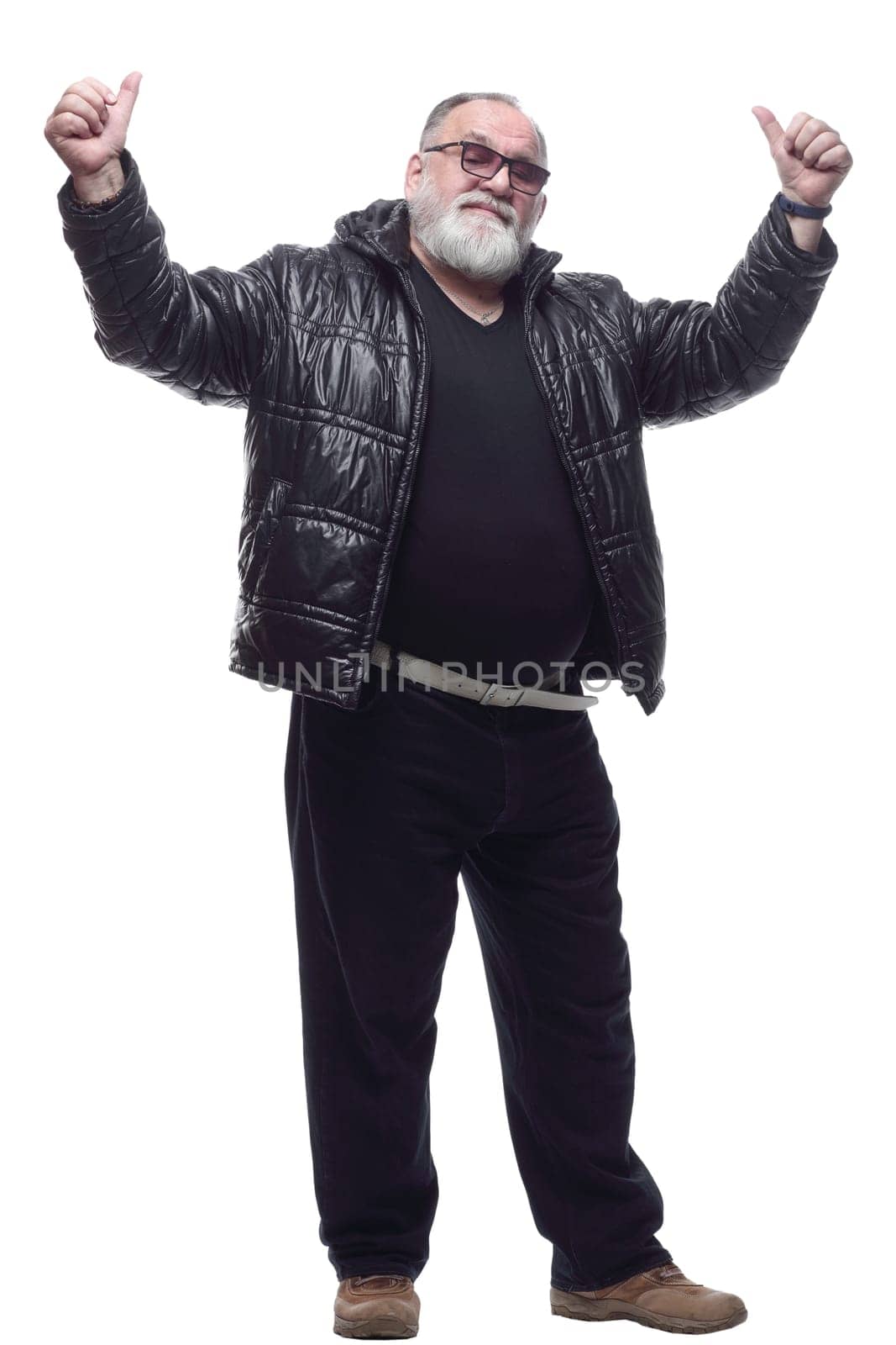 contented bearded man in a black jacket giving a thumbs up. by asdf