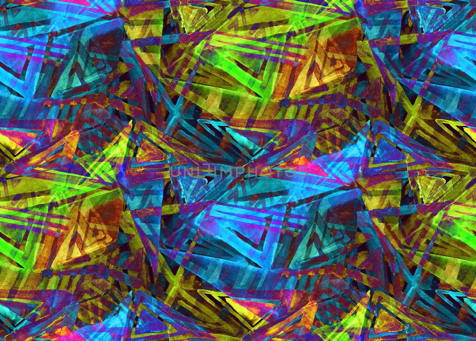 Irregular geometry bright multi-colored on a seamless pattern with watercolor painted triangles. A mix of silhouettes of bright neon shapes for modern trendy youth outerwear textiles and surface design