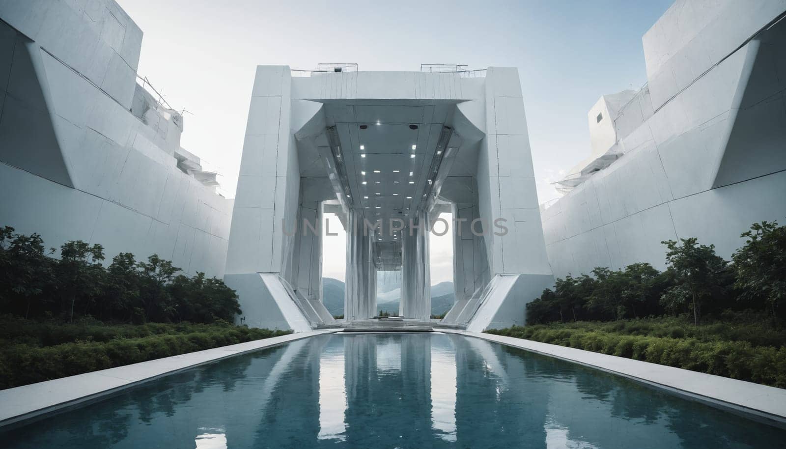 A modern, minimalist structure with a central cascading waterfall and a reflecting pool, surrounded by lush greenery. The architecture features white walls and glass railings, creating a sense of openness and tranquility. The scene evokes a feeling of peace and serenity, offering a sanctuary amidst natures beauty.