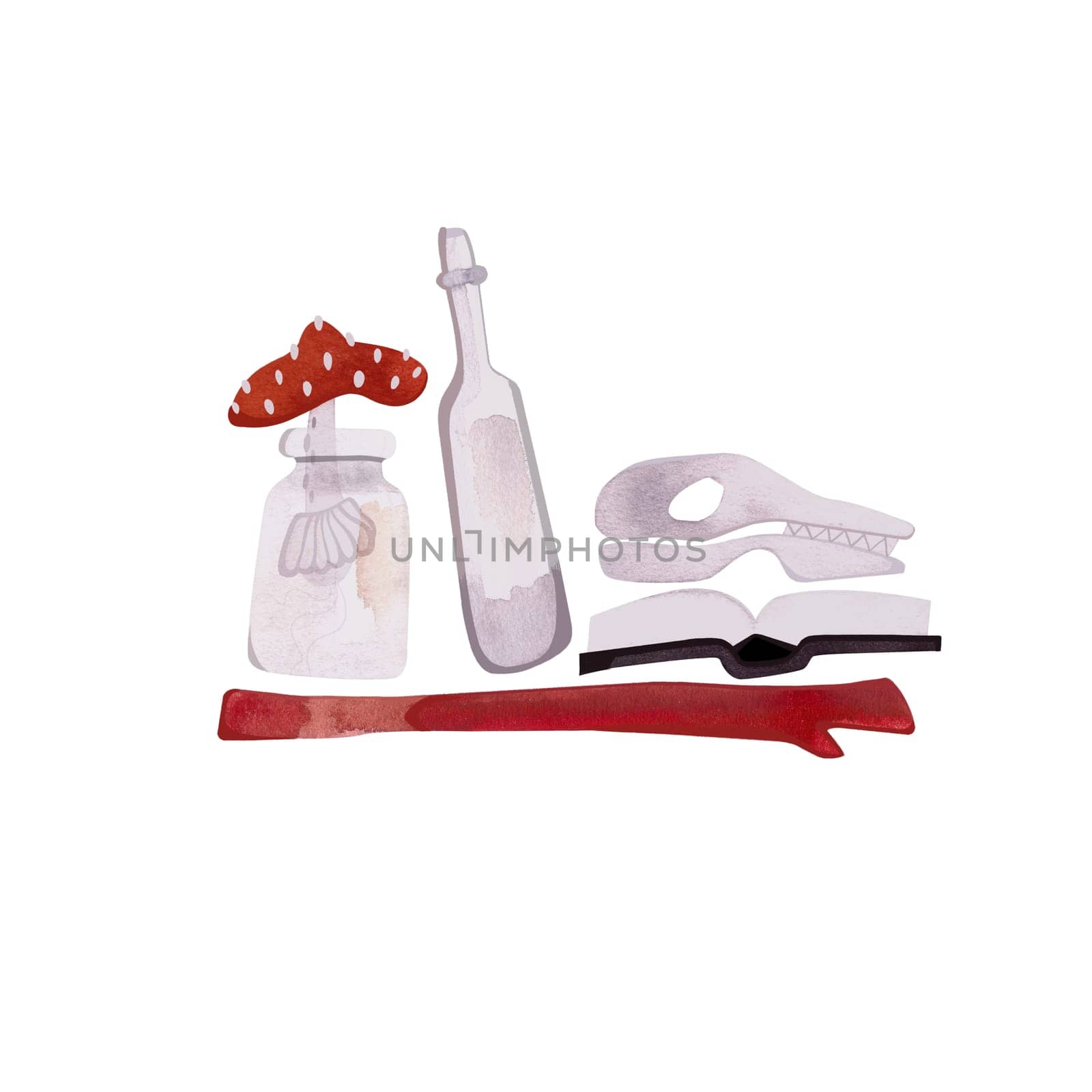 A wooden shelf made from an old board with knots on which are the attributes of a witch or sorcerer: an animal skull, a book, bottles of potion and a fly agaric. Isolated watercolor illustration on a white background for Halloween design.