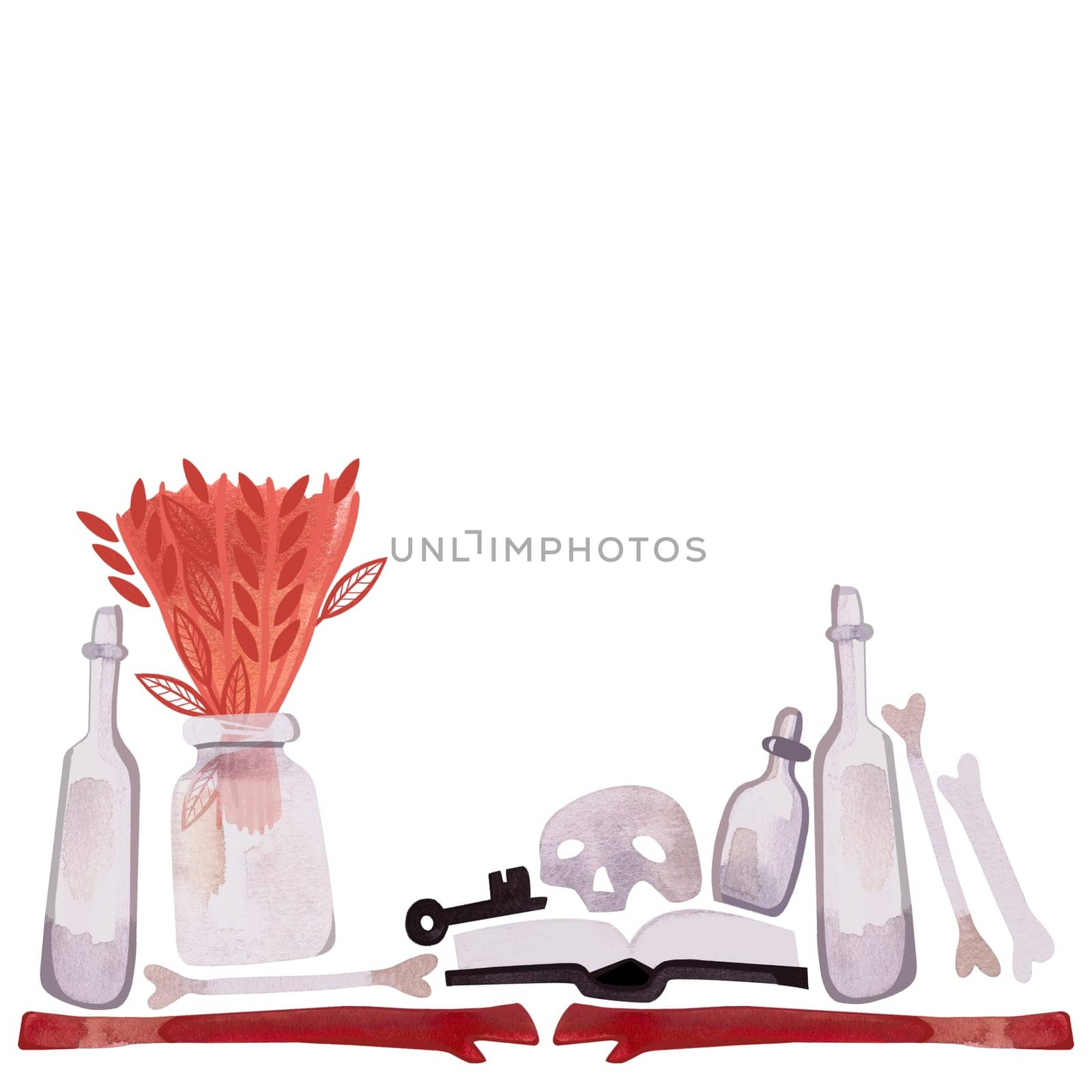A wooden shelf made from an old board with knots on which are the attributes of a witch or sorcerer: a skull, a book, bottles of potion, a key and dry herbs. Isolated watercolor illustration on a white background for Halloween design.