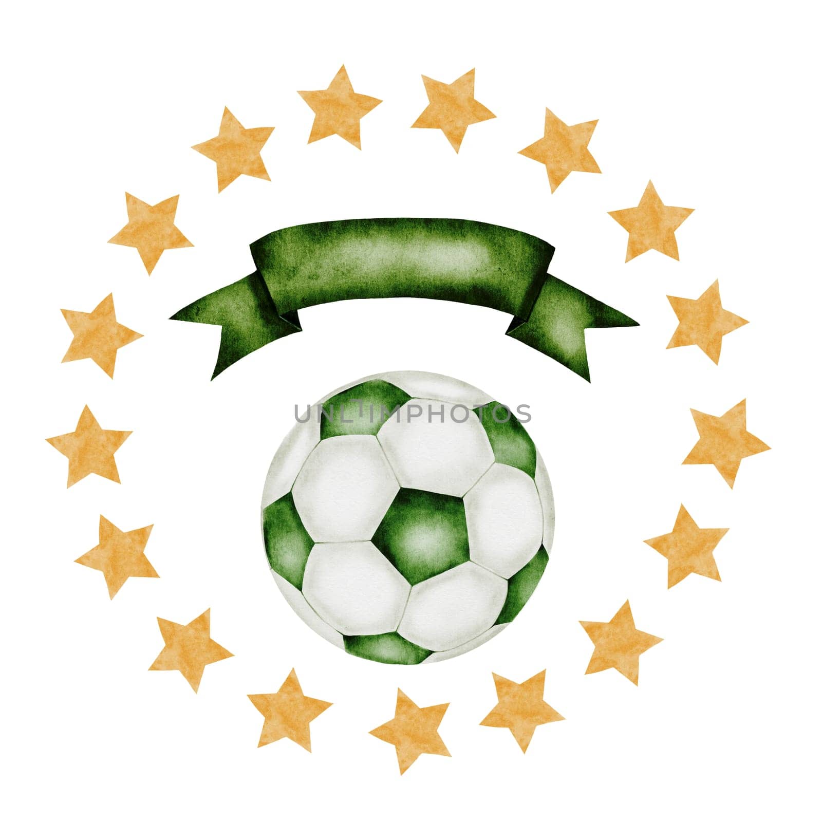 Soccer ball watercolor. Football ball and place for inscription framed by stars. Hand drawn illustration isolated on white background. Sports equipment. For football club logo, poster and football match tickets. High quality illustration