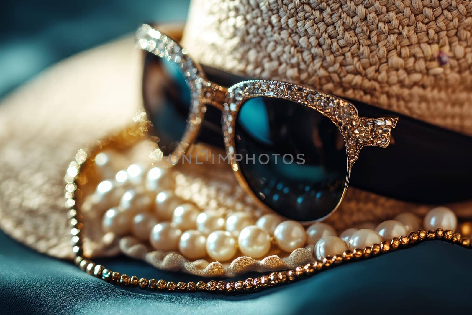 Glamorous sunglasses with rhinestones, pearl necklace, and straw hat on teal silk background.