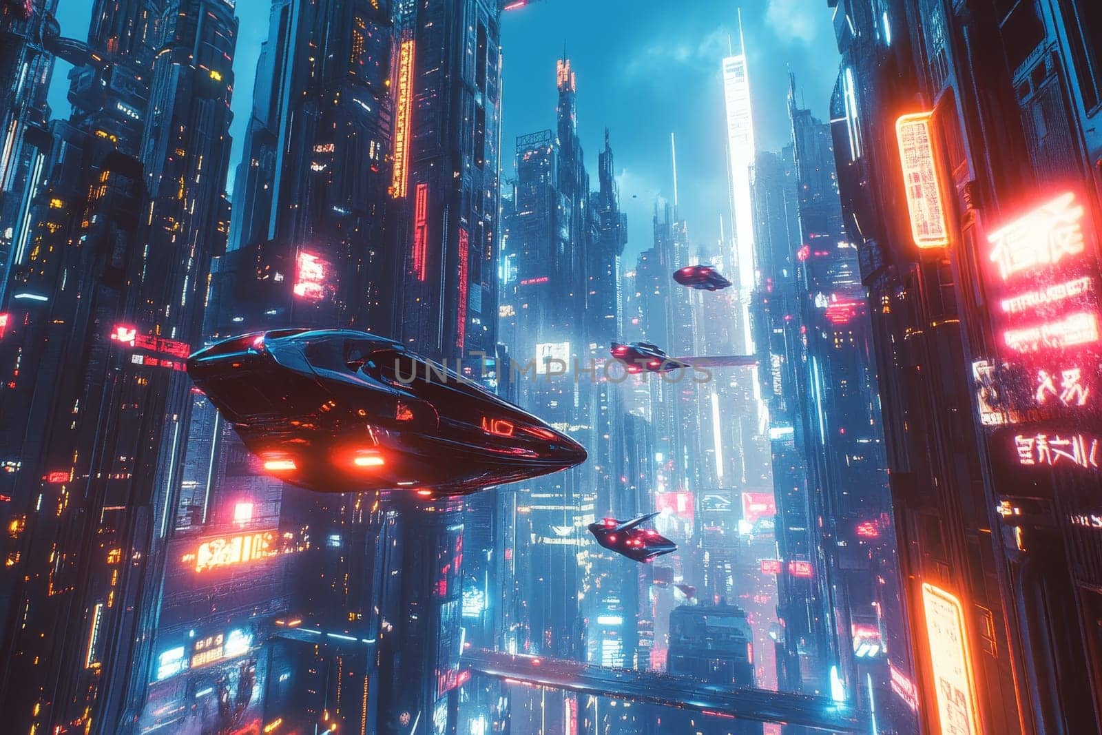 Deep urban canyon of a futuristic city with towering skyscrapers and hover cars flying between buildings.