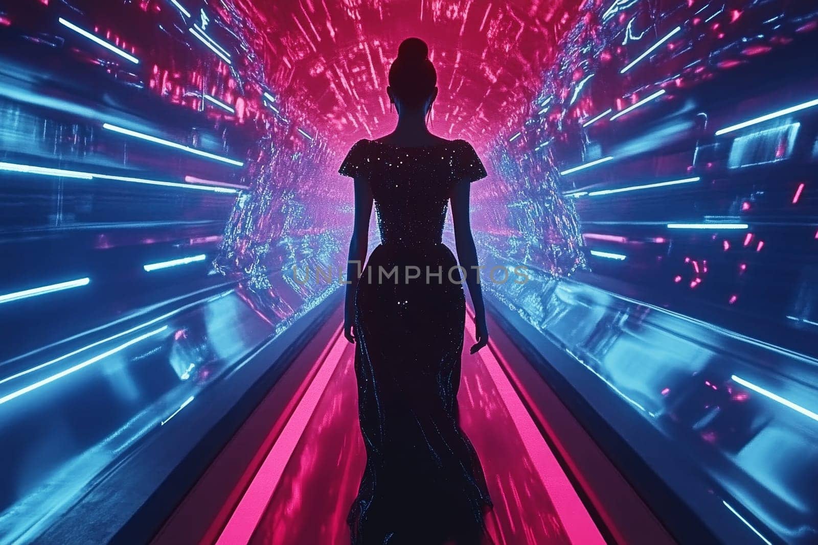 Silhouette of a woman in an elegant dress walking through a tunnel of vibrant neon lights.